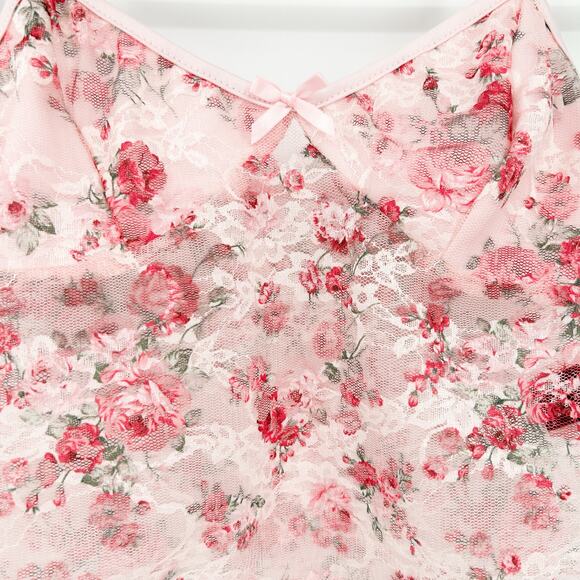 Shein‎ Womens Y2K Coquette Barbiecore Lace Mesh Floral Crop Cami Top Size S Pink - Picture 2 of 6